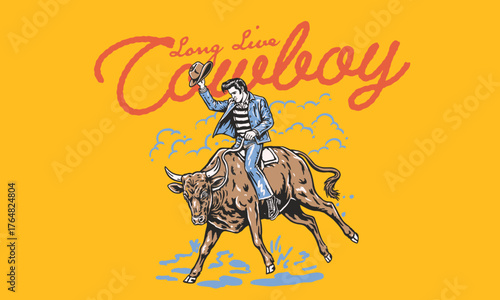 Long Live Cowboy western slogan. Vintage artwork of cowboy riding a bull for t shirt print, poster, sticker. Retro rodeo Texas vector graphic.