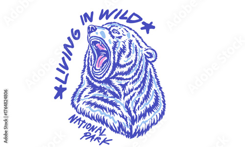 Vintage artwork of a roaring grizzly bear head. Blue wildlife illustration from a National Park with Living in Wild quote for sticker, poster.