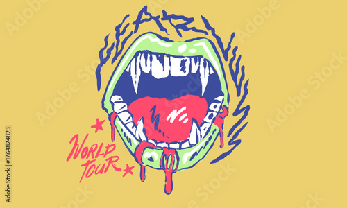 Retro illustration of a monster vampire mouth. Edgy artwork with Fearless World Tour text for band merchandise, t shirt print.