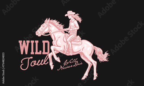 Wild Soul western slogan. Monochrome pink vintage artwork of cowgirl on a horse for t shirt print. Retro rodeo dark background vector graphic.