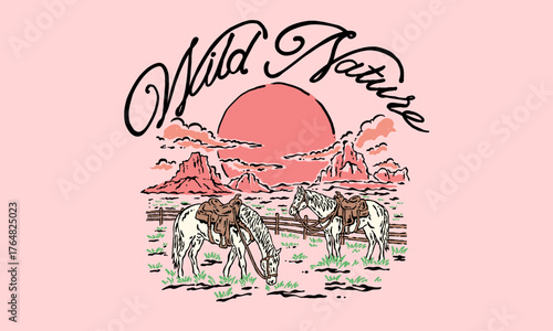 Retro artwork of two horses grazing in the desert at sunset. Vintage wild nature illustration for western t shirt print