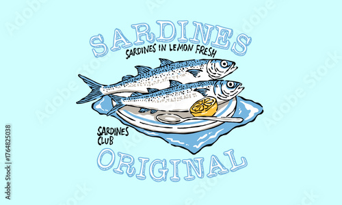 Vintage illustration of sardines on a plate with lemon. Retro seafood artwork for tinned fish brand, poster, t shirt print