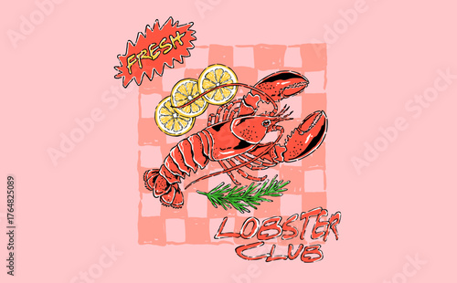 Vintage artwork of a fresh lobster with lemon slices. Retro Lobster Club illustration for seafood restaurant t shirt print