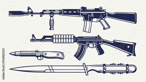 Illustration showcasing an assortment of firearms and knives in a stylized, graphic representation
