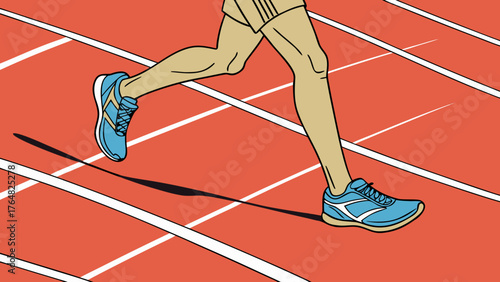 A runner in motion with blue shoes and tan skin running on a red track with white lines clearly visible
