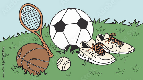 Assorted sports equipment including balls racket and shoes on green grass under a light blue sky