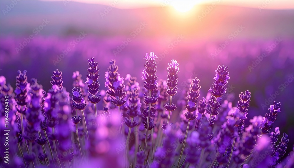 Naklejka premium Stunning lavender field bathed in golden light during a picturesque sunset scene