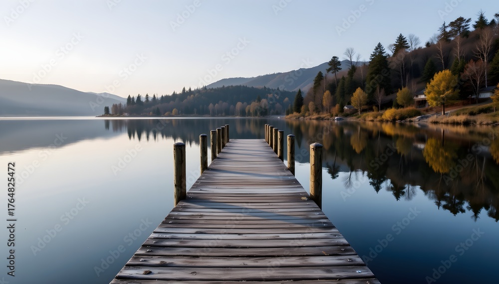 Naklejka premium Tranquil Lakeside Pier at Dawn Reflecting Surrounding Nature in a Calm Serenity