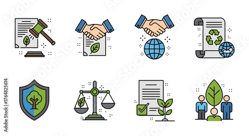 Set of Eight Colorful Eco-Friendly and Sustainable Business Icons.