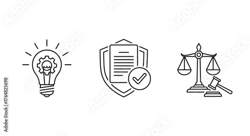 Set of hand-drawn doodle icons for law, intellectual property, and compliance concepts.