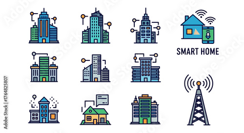 Set of smart city and smart home icons in a colorful line art style, depicting connected buildings, IoT technology, and wireless communication.