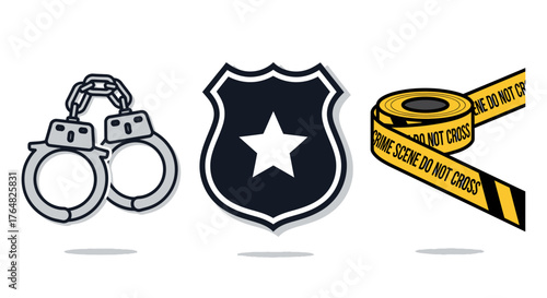 Set of three hand-drawn police icons - metal handcuffs, a textured star badge, and yellow crime scene tape.