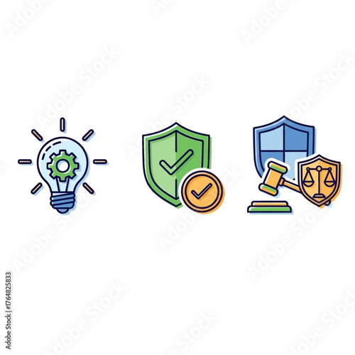 Set of Three Colorful Vector Icons Representing Ideas, Security, and Law.