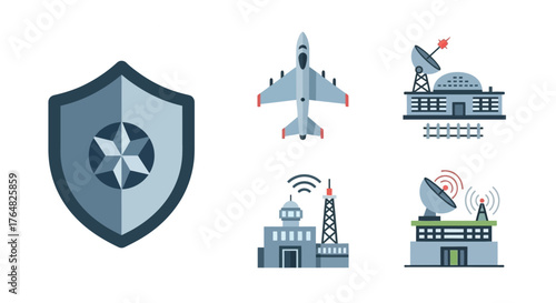 Shield Icon with Star Emblem, Blue and Gray Color Scheme, Flat Design Style.