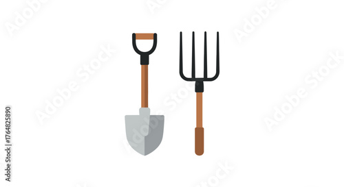 Shovel and Pitchfork - Gardening Tools with Wooden Handles and Metal Blades.