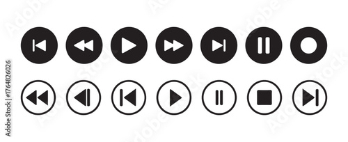 Media player button icons set. Stop, play, pause, rewind, fast forward and more