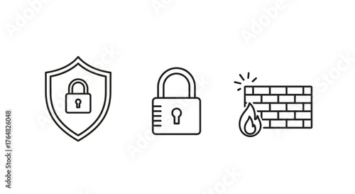 Simple Line Art Icons of Security Shield, Padlock, and Firewall Symbols.