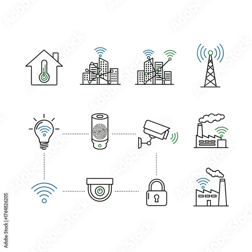 Smart Home and City Technology Icons - Connected Devices and Infrastructure Outline.