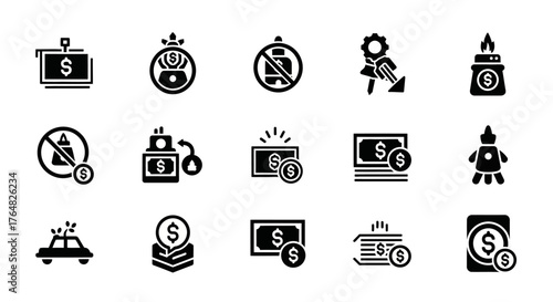 Solid black glyph icon set for finance, money, and commerce, including cash, banking, and law enforcement symbols.
