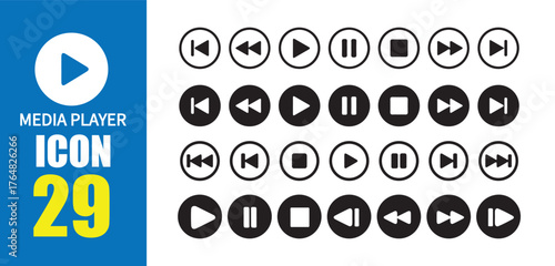 29 Collection of multimedia icons.  Circular Media Player Buttons. Outline and Filled Playback Icons