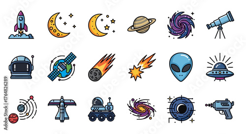 Space Exploration Icons - Rocket, Moon, Planets, Telescope, Astronaut, Alien, UFO.