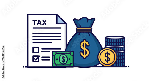 Tax Document, Money Bag, Cash, and Stacked Coins Representing Financial Obligations.
