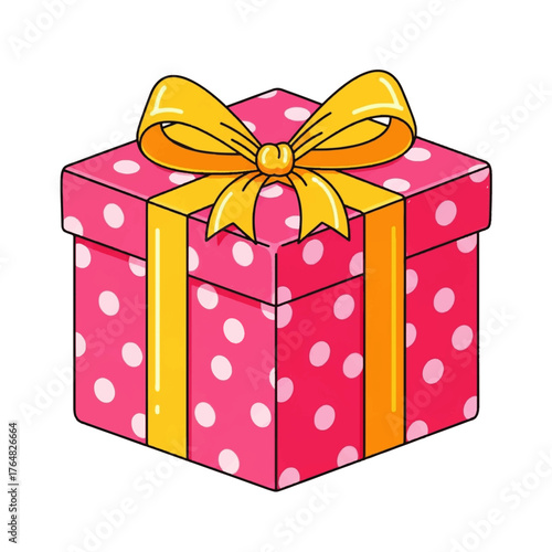 Illustration of a pink gift box with white polka dots, adorned with a yellow ribbon and bow on a plain white background.