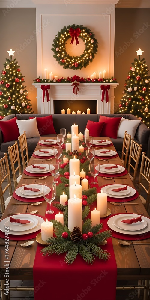 Obraz premium Festive christmas dining room with decorated table and christmas trees