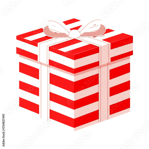 A red and white striped gift box with a pink ribbon tied in a bow on top against a clean white background.