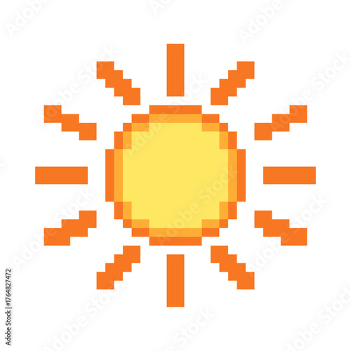 Radiant pixel art sun shining brightly with energetic orange rays, a simple yet vibrant symbol of warmth and positivity for any design project.