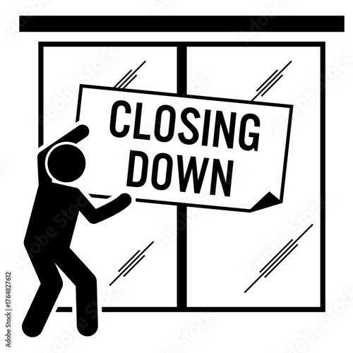 Person hanging a 'Closing Down' sign on a storefront window indicating business closure and liquidation sale with final clearance.