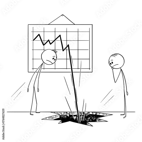 Devastated business people witness catastrophic stock market crash and plunging financial graph creating a dramatic hole in the ground.