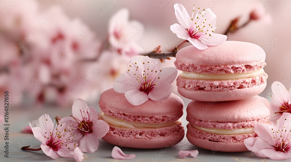 Fototapeta premium French macarons styled with Japanese cherry blossom motifs, soft pink tones