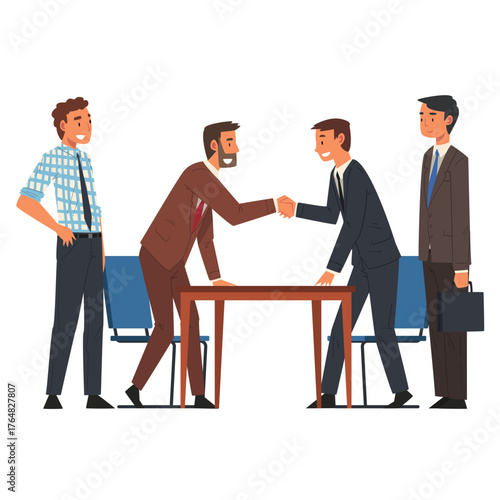 Confident business professionals shaking hands across a table, sealing a deal and celebrating partnership in a modern meeting room setting.