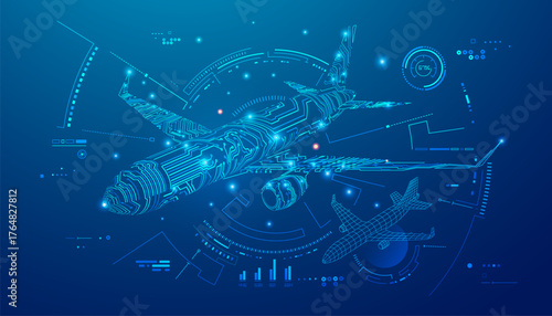 concept of digital twin or aviation technology, graphic of airplane combined with electronic pattern and air control interface