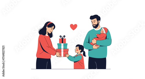 Loving family shares heartwarming gifts, celebrating joy and togetherness with a newborn baby and happy children