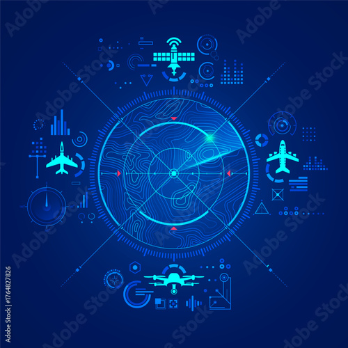 concept of aerospace tech or  radar technology, graphic of terrain  map with futuristic air control interface