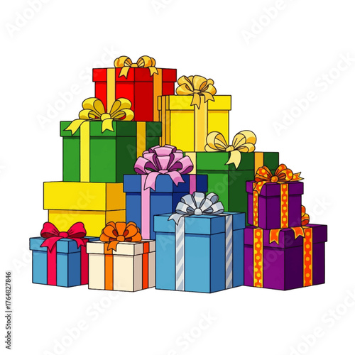 Colorful stack of wrapped presents with ribbons on a white background in a flat lay composition.