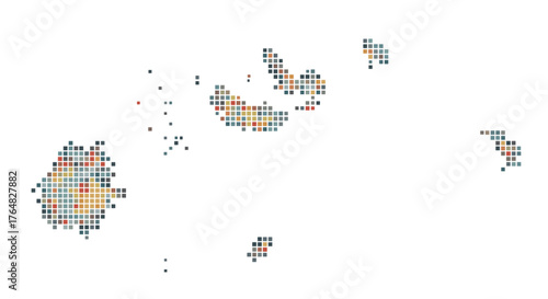 Captivating abstract pixel mosaic depicts islands and distant landmasses in a vibrant, modern color palette perfect for dynamic graphic design projects