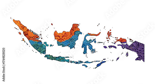 Vibrant Indonesian archipelago map art with intricate cultural patterns showcasing diverse regions and rich heritage