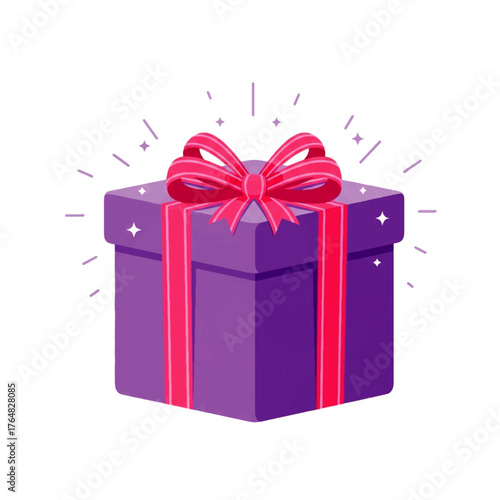 Flat illustration of a purple gift box with a pink bow and ribbons, surrounded by sparkles on a white background.