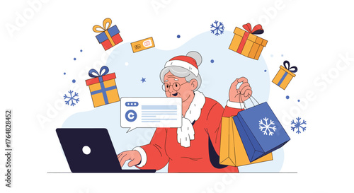 Joyful senior woman embraces holiday shopping success online, surrounded by festive gifts and winter cheer while managing purchases with ease.