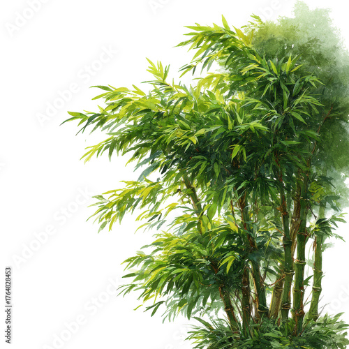 Bright green bamboo plants with lush leaves in a natural setting showcasing their tall, graceful structure against a transparent backdrop
