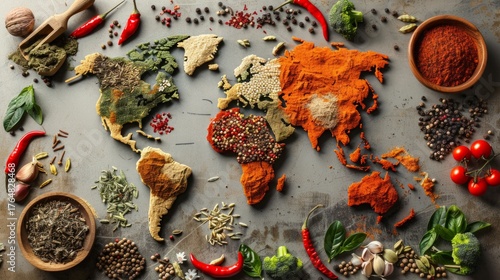 World map of spices and vegetables on a grey background, highlights the diversity of cuisines of the world, useful for cooking blogs and articles about world traditions.