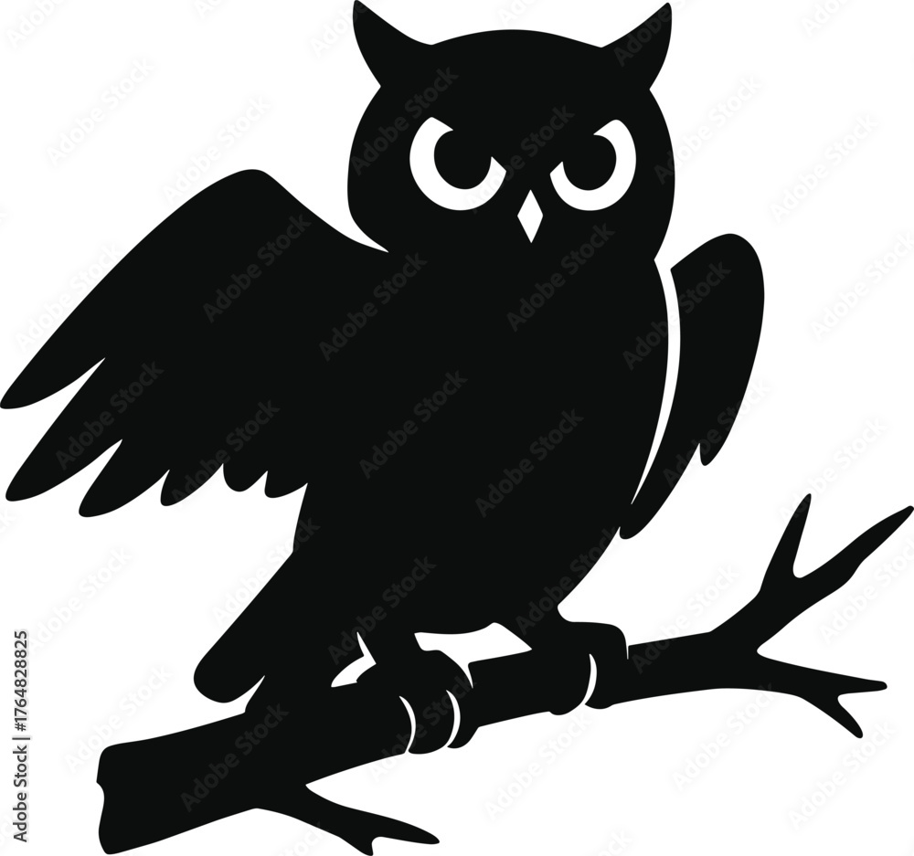 Naklejka premium owl perched on a tree branch with wings slightly spread silhouette