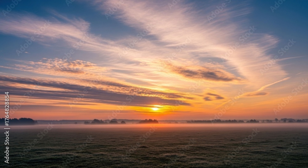 Fototapeta premium Dawn breaks over a misty field, with streaks of clouds in a colorful sky