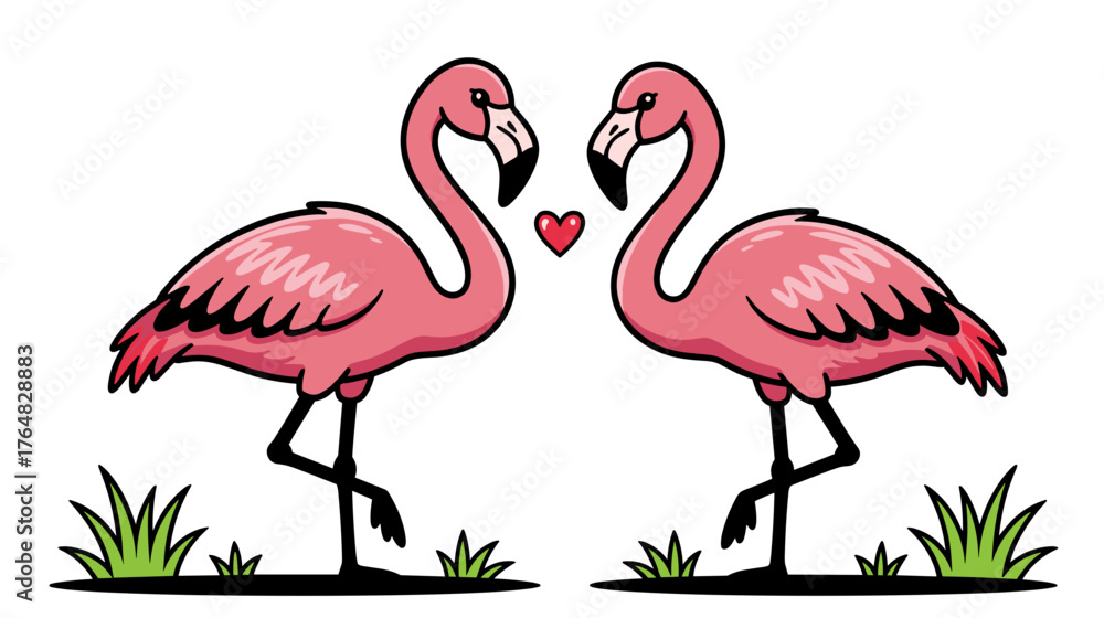 Obraz premium Two pink flamingos standing side by side with a heart between them 
