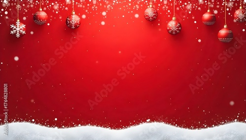 Red background with a snow border at the bottom and hanging red snowflake ornaments