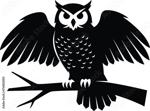 owl perched on a tree branch with wings slightly spread silhouette