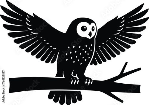 owl perched on a tree branch with wings slightly spread silhouette